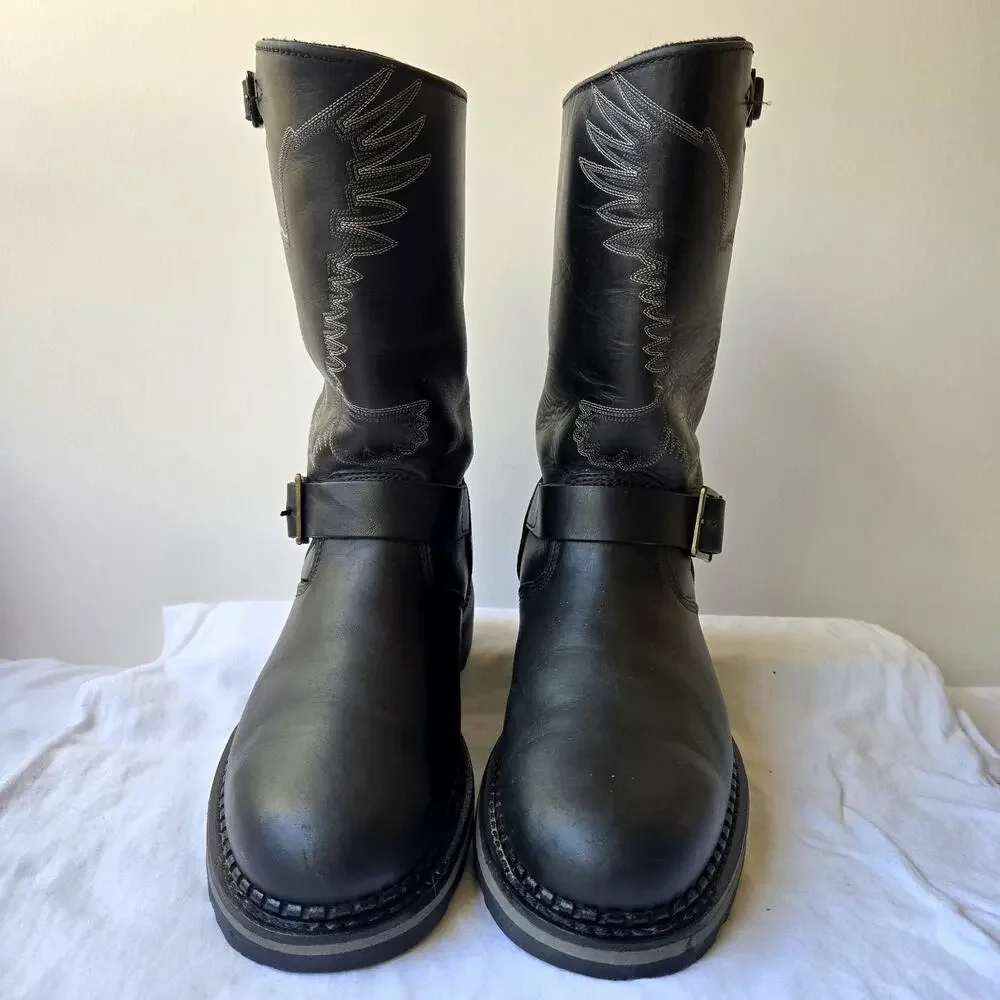 Georgia Boot Men's Black Leather Engineer Motor Bike Boots Eagle Detail Size 9